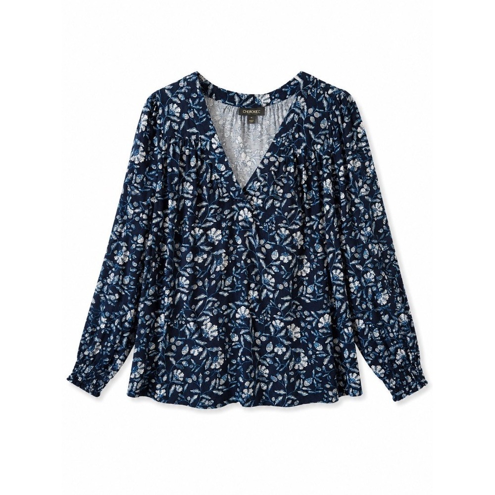 Style Co Womens Blouse Top Navy Blue Floral Print Long Sleeve V‎ Neck M